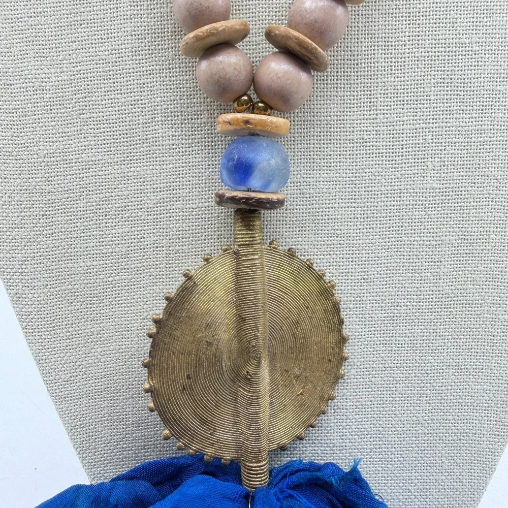 Blue Fabric Tassel Wood Bead Necklace Brass Tone Medallion Boho Statement Gift